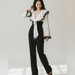 Valentine Black White Cape Collar bowtie waist scalloped lace trim Jumpsuit XS